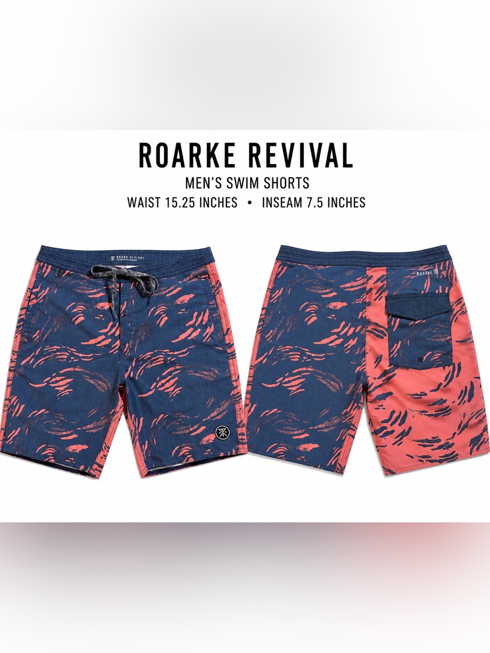 ✧ Roarke Revival | MEN's | Navy & Coral Swim Board Shorts ✨ waist 15.25"